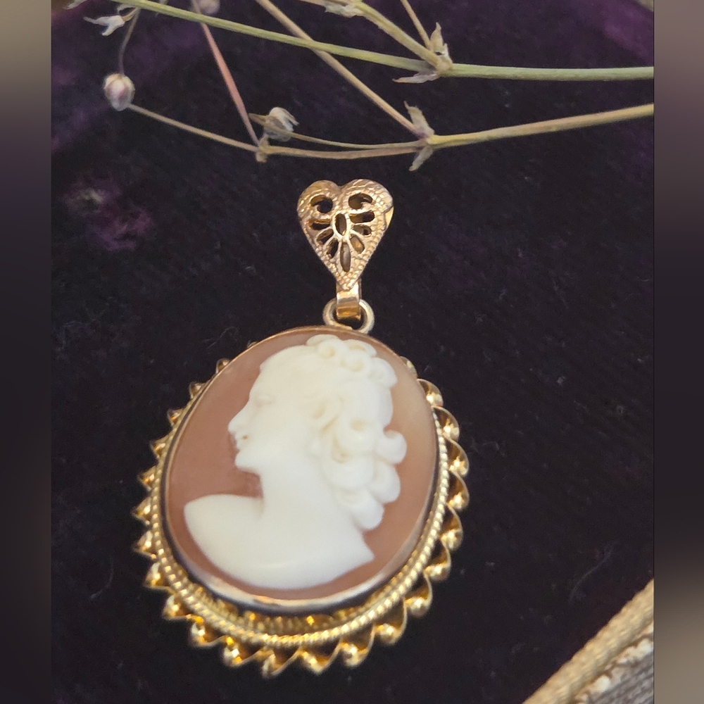 Stunning 14k Antique Left Facing Carved Cameo Pendant With Filigree Heart Bail